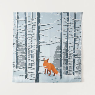 Glücklicher Winter mit Waldlandschaft und Fuchs Wandteppich