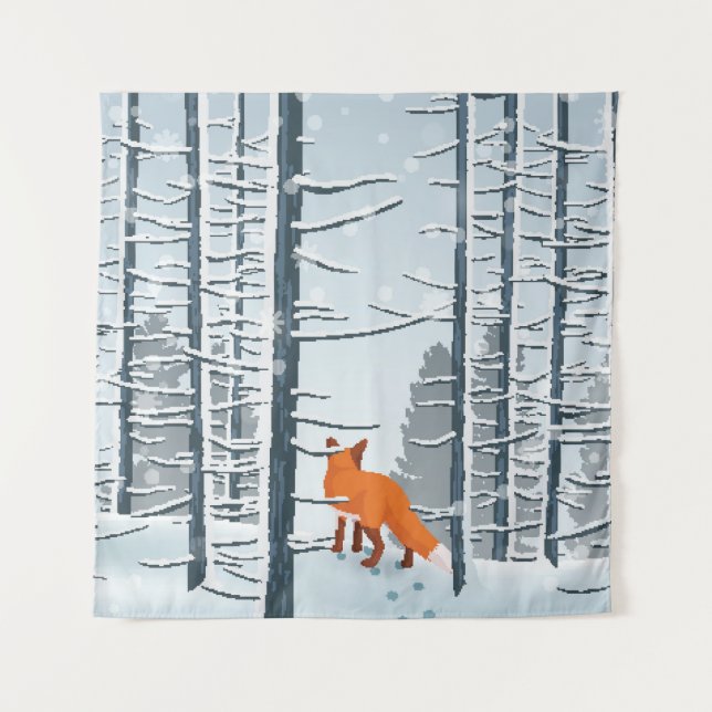 Glücklicher Winter mit Waldlandschaft und Fuchs Wandteppich (Vorderseite)