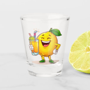 Glücklicher Zitronen-Cartoon-Charakter mit Saft Schnapsglas