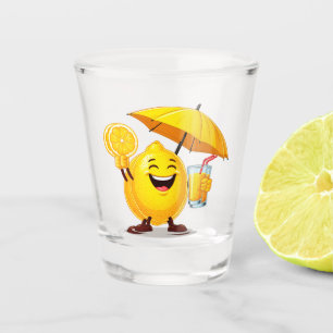 Glücklicher Zitronen-Cartoon-Charakter mit Saft Schnapsglas