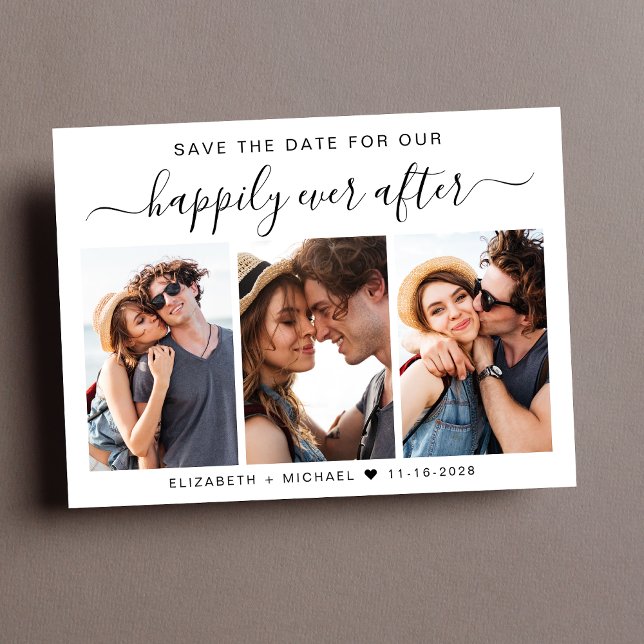 Glücklicherweise immer nach 3 Fotos Save the Date Ankündigungspostkarte (A stylish save the date photo collage announcement postcard for your wedding )