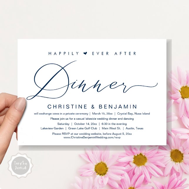 Glücklicherweise immer nach dem Abendessen Elopeme Einladung (Happily Ever After Dinner Invitation Card, PDF, Modern Romantic Script, in Navy Blue)