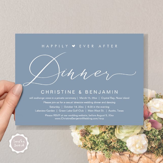Glücklicherweise immer nach dem Abendessen Elopeme Einladung (Happily Ever After Dinner Invitation Card, PDF, Modern Romantic Script, in Dusty Blue)