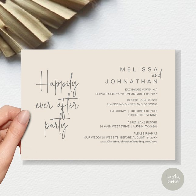 Glücklicherweise immer nach dem Abendessen, Hochze Einladung (Happily Ever After Party, Modern Wedding Elopement Dinner Invitation Card, PDF, in Dark Grey Cream)