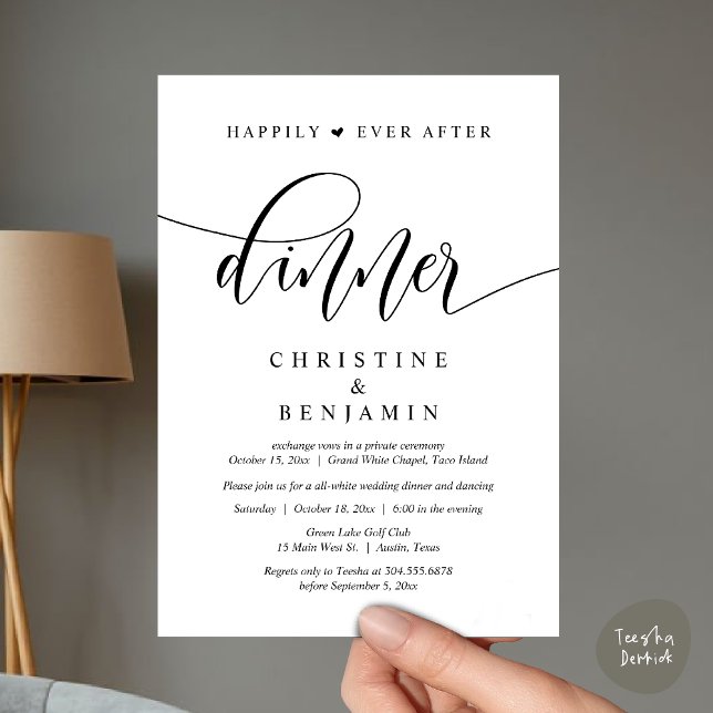Glücklicherweise immer nach dem Abendessen, Hochze Einladung (Happily Ever After Dinner, Wedding Party Dancing Invitation Card PDF Modern Romantic Black White)
