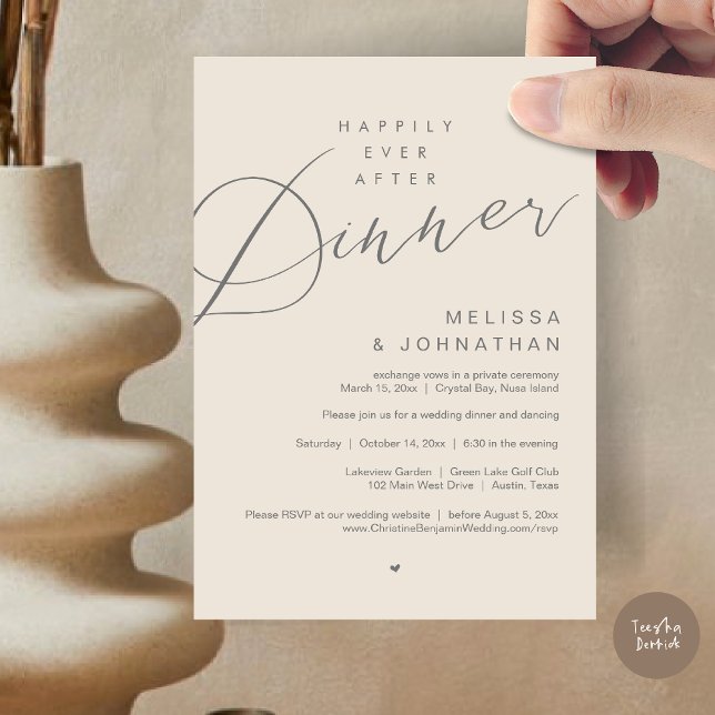 Glücklicherweise immer nach dem Abendessen Hochzei Einladung (Happily Ever After Dinner Invitation Card, PDF, Modern Romantic Wedding Elopement , in Cream Grey)