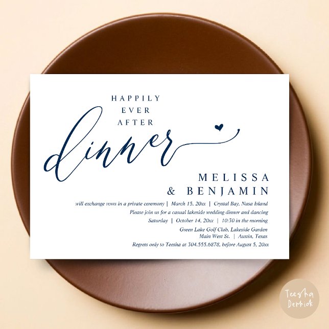 Glücklicherweise immer nach dem Abendessen Hochzei Einladung (Happily Ever After Dinner Invitation Card, PDF, Romantic Wedding Elopement, Lovely Heart, Navy Blue)