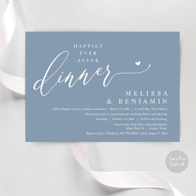 Glücklicherweise immer nach dem Abendessen Hochzei Einladung (Happily Ever After Dinner Invitation Card, PDF, Romantic Wedding Elopement, Lovely Heart, Dusty Blue)