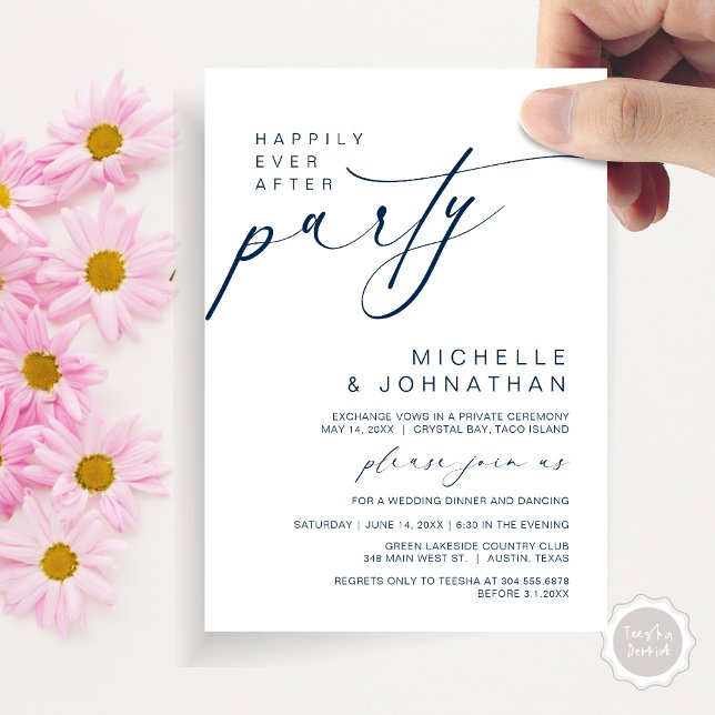 Glücklicherweise immer nach dem Abendessen Party,  Einladung (Happily Ever After Party, Wedding Elopement Dinner Brunch Invitation Card, PDF, Navy Blue)