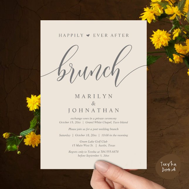 Glücklicherweise immer nach dem Brunch, Hochzeit p Einladung (Happily Ever After Brunch, Wedding Party Invitation Card PDF Modern Beautiful Cream Grey)