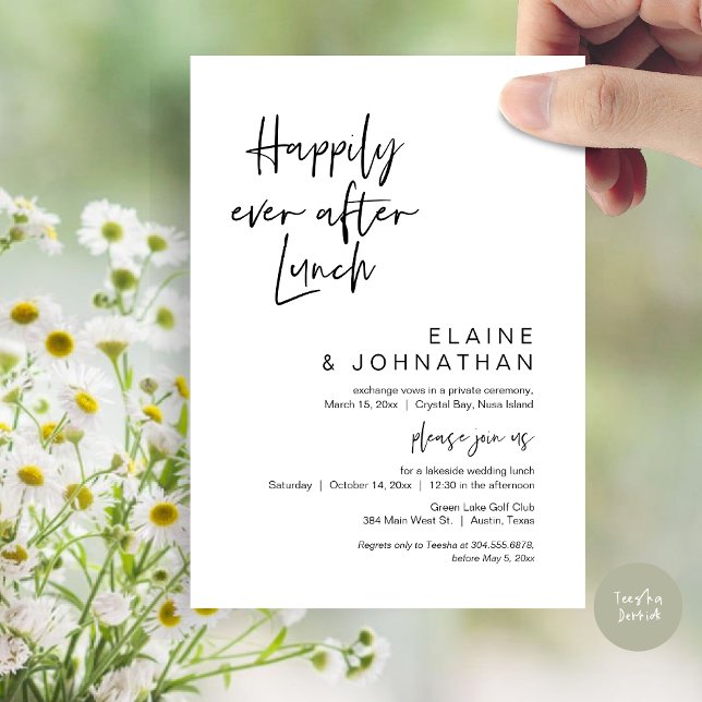 Glücklicherweise immer nach dem Brunch, Hochzeitsf Einladung (Happily Ever After Lunch, Modern Wedding Elopement Party Invitation Card, PDF, in Black and White)