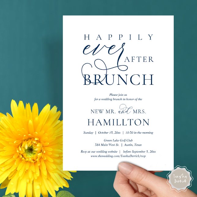 Glücklicherweise immer nach dem Brunch Post Hochze Einladung (Happily Ever After Brunch Post Wedding Celebration Invitation Card, PDF, in Navy Blue)