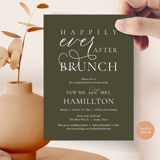 Glücklicherweise immer nach dem Brunch Post Hochze Einladung (Happily Ever After Brunch Post Wedding Celebration Invitation Card, PDF, in Olive Green)