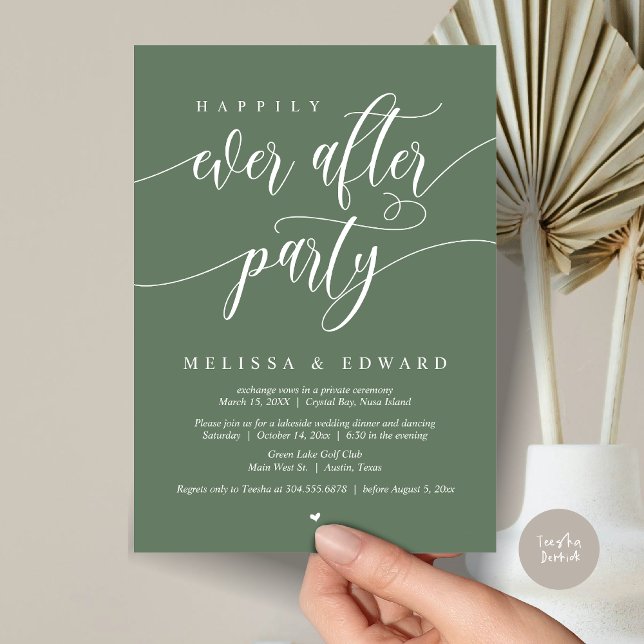 Glücklicherweise immer nach dem Elopement-Party, S Einladung (Happily Ever After Elopement Party Invitation Card, PDF, Modern Wedding Dinner, in Forest Sage Green)
