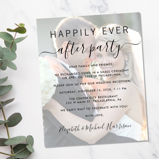 Glücklicherweise immer nach dem Foto Hochzeit Einl (A stylish photo overlay invitation for a reception to celebrate your elopement or private wedding)