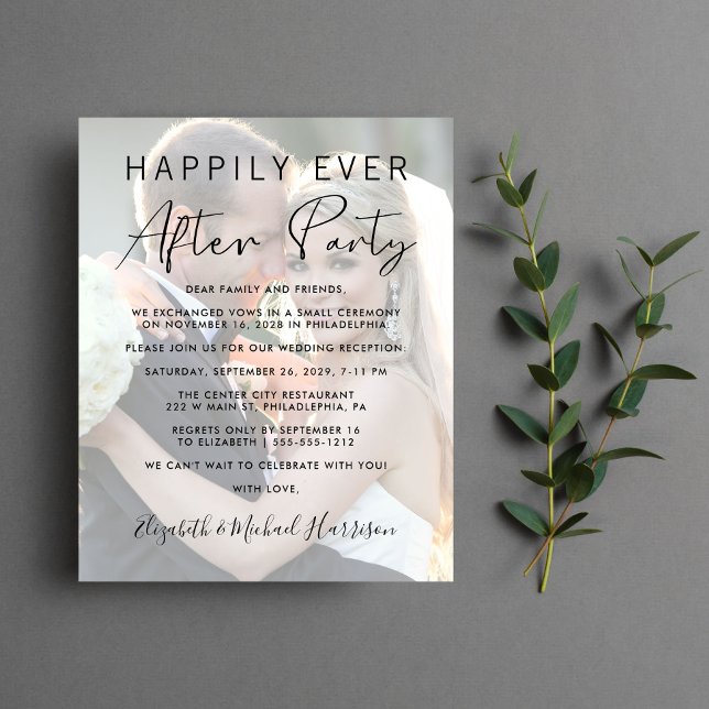 Glücklicherweise immer nach dem Foto Hochzeit Einl (A stylish photo overlay invitation for a reception to celebrate your elopement or private wedding)