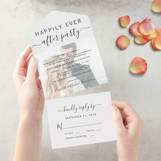 Glücklicherweise immer nach dem Foto Hochzeit Empf All In One Einladung (An chic Happily Ever After Party all-in-one invitation for your wedding celebration)