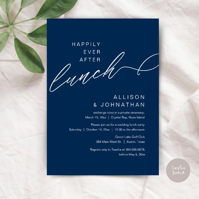 Glücklicherweise immer nach dem Mittagessen, Hochz Einladung (Happily Ever After Lunch, Wedding Elopement Invitation Card, PDF, Modern Classy, in Navy Blue)