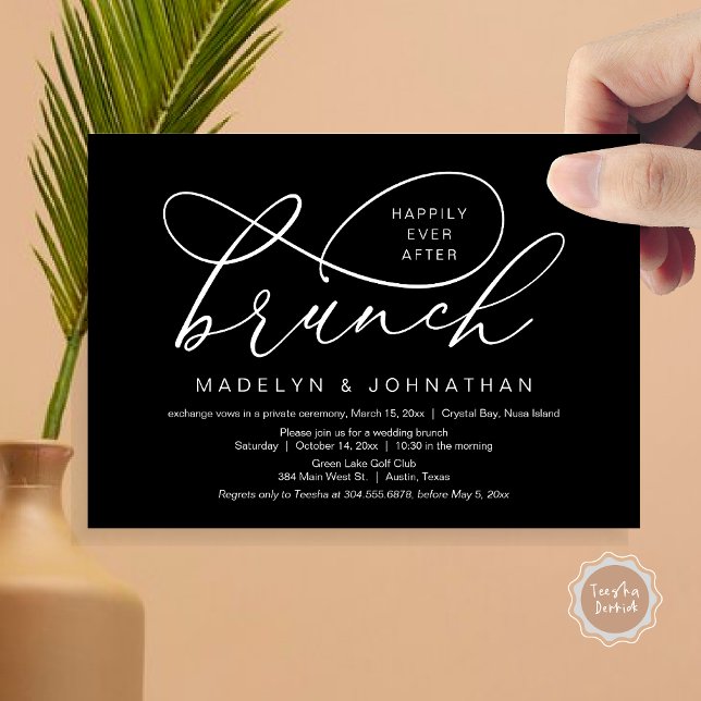 Glücklicherweise immer nach dem Mittagessen, Hochz Einladung (Happily Ever After Brunch, Wedding Elopement Party Invitation Card, PDF, Classy, Black and White)
