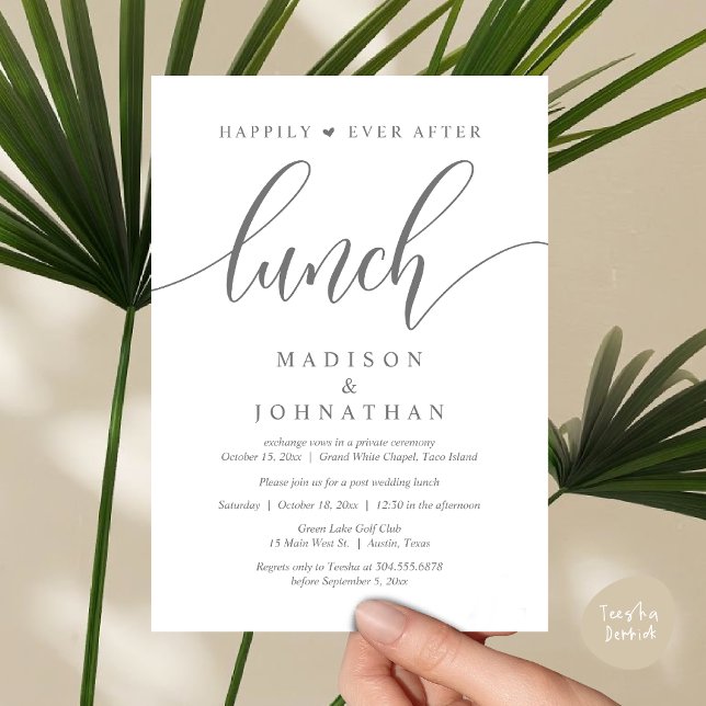 Glücklicherweise immer nach dem Mittagessen, Hochz Einladung (Happily Ever After Lunch, Wedding Party Invitation Card PDF Modern Beautiful Dark Grey)