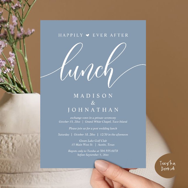 Glücklicherweise immer nach dem Mittagessen, Hochz Einladung (Happily Ever After Lunch, Wedding Party Invitation Card PDF Modern Romantic Beautiful Dusty Blue)