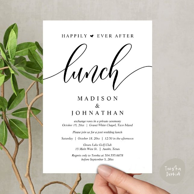 Glücklicherweise immer nach dem Mittagessen, Hochz Einladung (Happily Ever After Lunch, Wedding Party Invitation Card PDF Modern Romantic White Black)