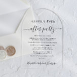 Glücklicherweise immer nach dem Party Arch Hochzei Acryleinladungen<br><div class="desc">Chic elopement oder private Hochzeitsankündigung und Hochzeitsempfang bogenförmige klare Acryleinladung. "Happily Ever After Party" ist in einer Mischung aus einfacher Typografie und einem stylischen Drehbuch mit Swashes geschrieben. Personalisieren Sie Ihre Hochzeitsankündigung und Empfang-Einladung und fügen Sie Ihre Namen in einem signaturähnlichen Skript.</div>