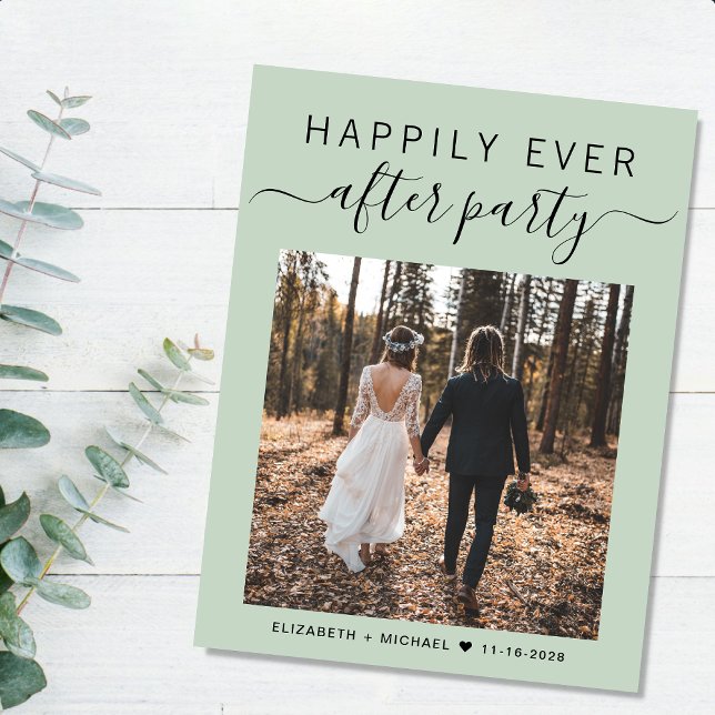 Glücklicherweise immer nach dem Party Foto Sage Gr Ankündigungspostkarte (An chic Happily Ever After Party postcard invitation for your wedding celebration)