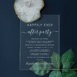 Glücklicherweise immer nach dem Party Hochzeit Emp Acryleinladungen<br><div class="desc">Einfache und schicke Eleganz oder private Hochzeitsankündigung und Hochzeitsempfang klare Acryleinladung. "Happily Ever After Party" ist in einer Mischung aus schlichter weißer Typografie und einem stilvollen weißen Drehbuch mit Swashes geschrieben. Personalisieren Sie Ihre Hochzeitsankündigung und Empfang-Einladung und fügen Sie Ihre Namen in einem signaturähnlichen Skript.</div>