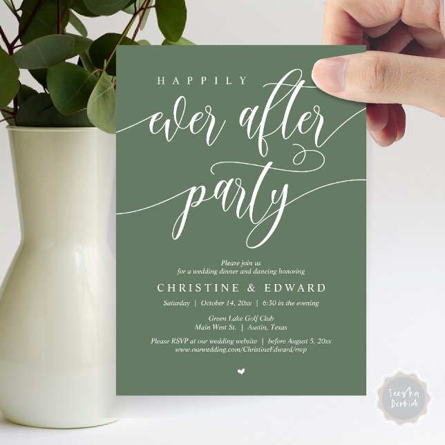 Glücklicherweise immer nach dem Party, Hochzeitses Einladung (Happily Ever After Party, Modern Wedding Elopement Dinner Invitation Card, PDF, in Forest Sage Green)