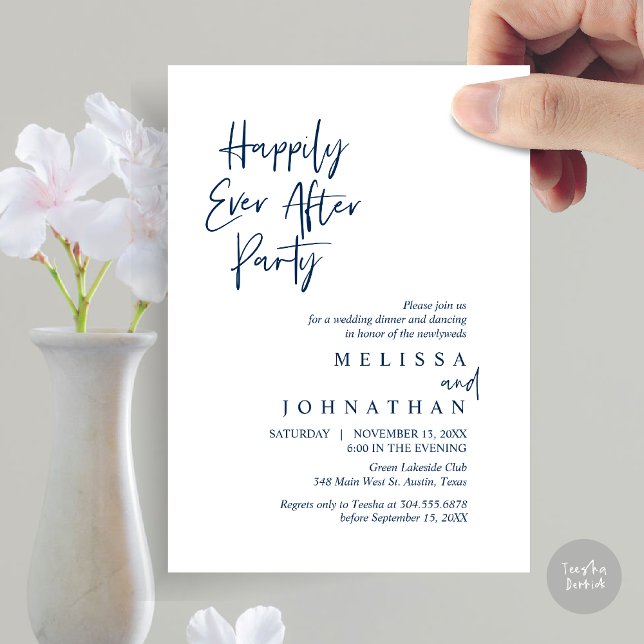 Glücklicherweise immer nach dem Party, Hochzeitses Einladung (Happily Ever after Party, Wedding Elopement Dinner Invitation Card, PDF, in Navy Blue)