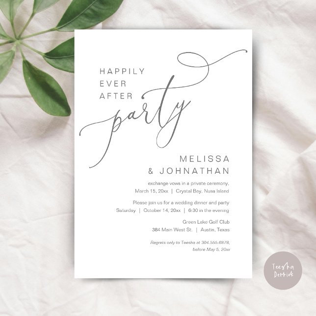Glücklicherweise immer nach dem Party, Hochzeitses Einladung (Happily Ever After Party, Romantic Wedding Dinner and Dancing Invitation Card, PDF, in Dark Grey)