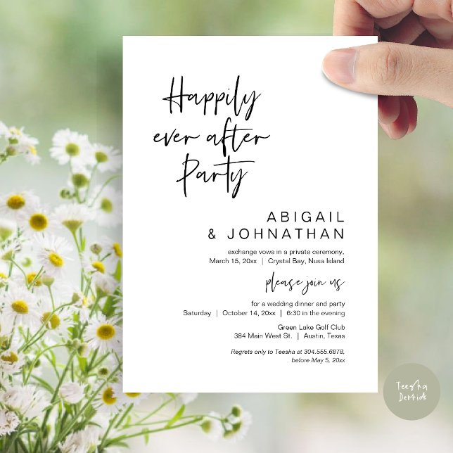 Glücklicherweise immer nach dem Party, Hochzeitses Einladung (Happily Ever After Party, Modern Wedding Elopement Dinner Invitation Card, PDF, in Black and White)
