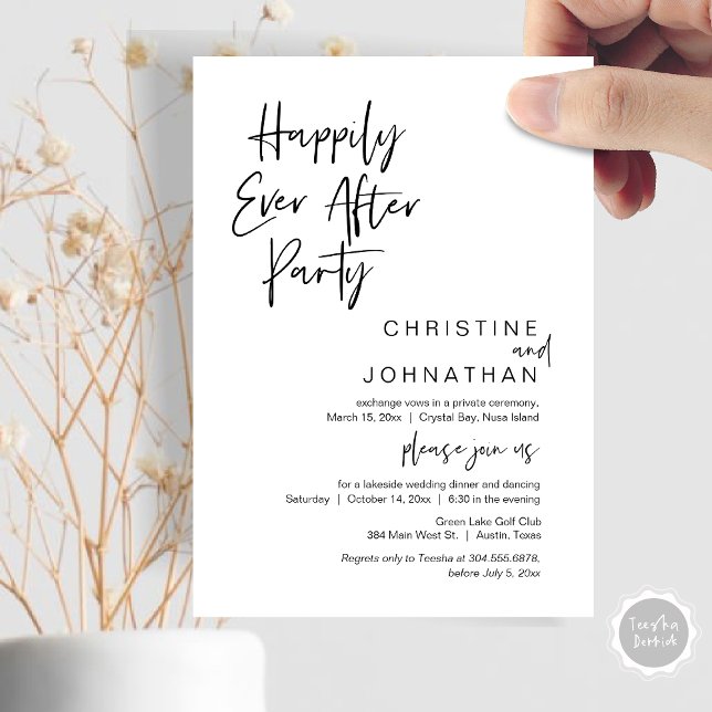Glücklicherweise immer nach dem Party, Hochzeitses Einladung (Happily Ever After Party, Wedding Elopement Dinner Invitation Card, in minimalist Black and White.)