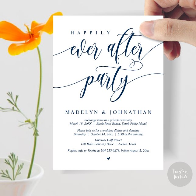 Glücklicherweise immer nach dem Party Hochzeitsess Einladung (Happily Ever After Party, Modern Calligraphy Wedding Dinner Invitation Card, PDF, in Navy Blue)