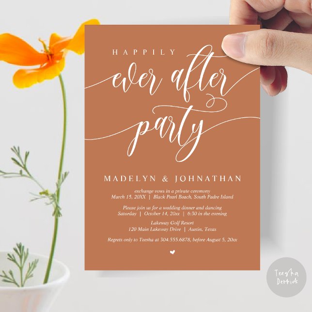 Glücklicherweise immer nach dem Party Hochzeitsess Einladung (Happily Ever After Party, Modern Calligraphy Wedding Dinner Invitation Card, PDF, in Copper)