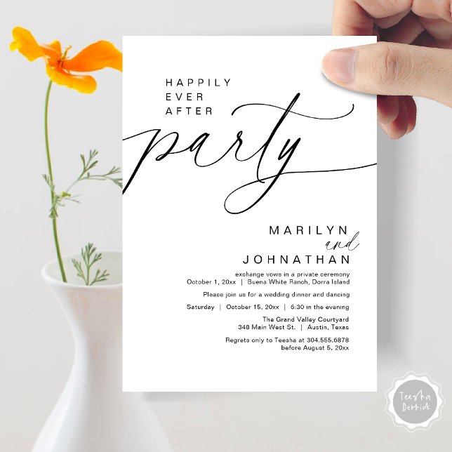 Glücklicherweise immer nach dem Party Hochzeitsess Einladung (Happily Ever After Party Wedding Elopement Dinner Invitation Card PDF Modern Romantic White Black)