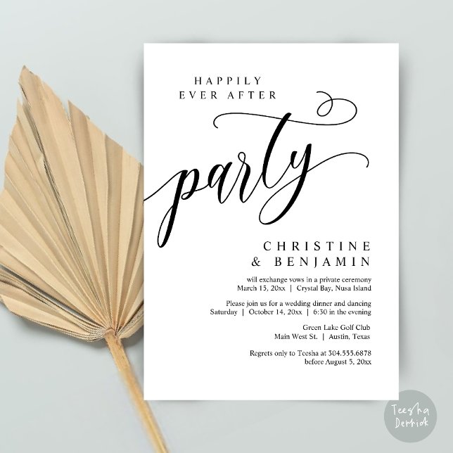 Glücklicherweise immer nach dem Party, Hochzeitsfe Einladung (Happily Ever After Party, Modern Romance Wedding Elopement Invitation Card, PDF, Elegant Black White)