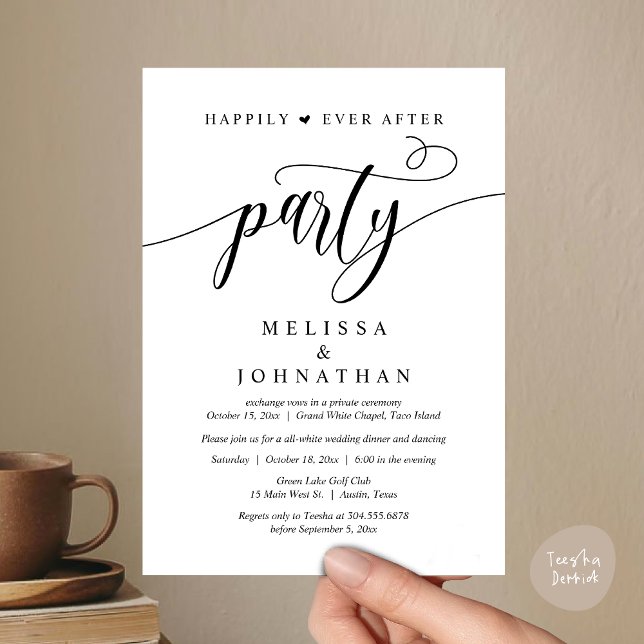 Glücklicherweise immer nach dem Party, Hochzeitsfe Einladung (Happily Ever After Dinner, Wedding Party Dancing Invitation Card PDF Modern Romantic Black White)
