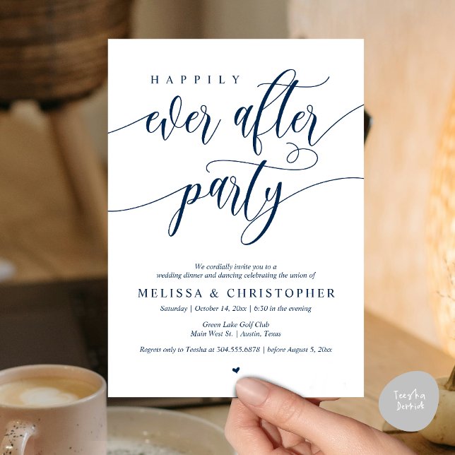 Glücklicherweise immer nach dem Party, Hochzeitsfe Einladung (Happily Ever After Party, Wedding Dinner and Dancing Invitation Card, PDF, in Navy Blue)