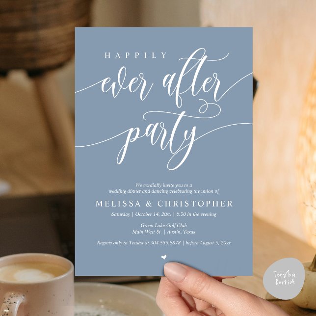 Glücklicherweise immer nach dem Party, Hochzeitsfe Einladung (Happily Ever After Party, Wedding Dinner and Dancing Invitation Card, PDF, in Dusty Blue)