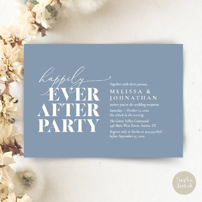 Glücklicherweise immer nach dem Party, moderne Hoc Einladung (Happily Ever After Party, Modern Wedding Reception Dinner Invitation Card pdf Dusty Blue)