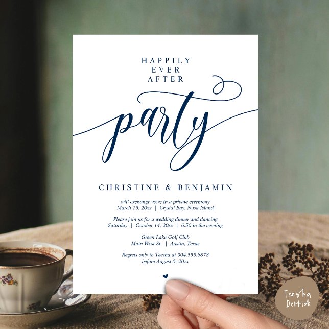 Glücklicherweise immer nach dem Party, moderne Sch Einladung (Happily Ever After Dinner Party, Modern Script Wedding Reception Invitation Card, PDF, Navy Blue)