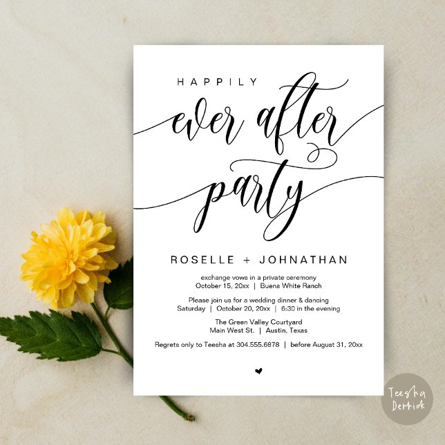 Glücklicherweise immer nach dem Party Modernes Hoc Einladung (Happily Ever After Party Modern Wedding Dinner Dancing Invitation Card PDF White Black)