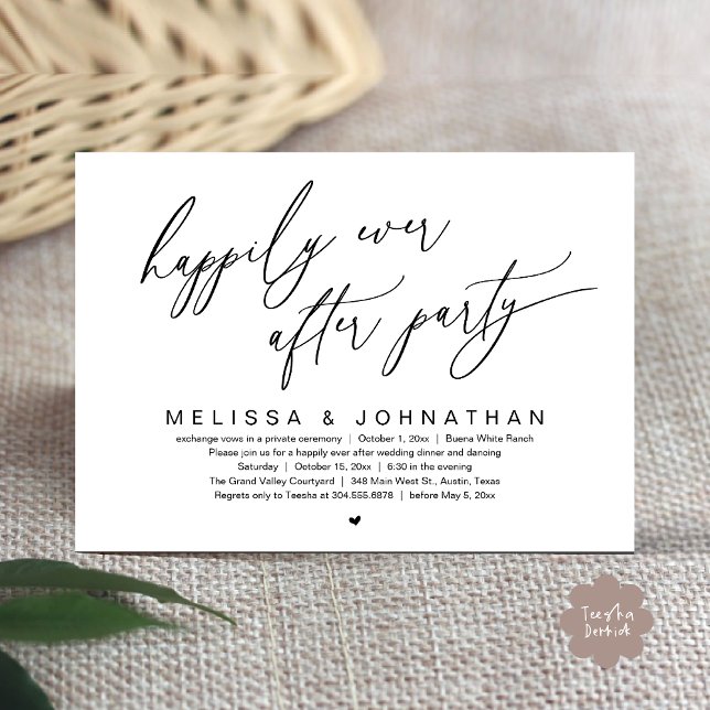 Glücklicherweise immer nach dem Party Modernes Hoc Einladung (Happily Ever After Party Modern Romantic Wedding Dinner Party Invitation Card PDF Black White)