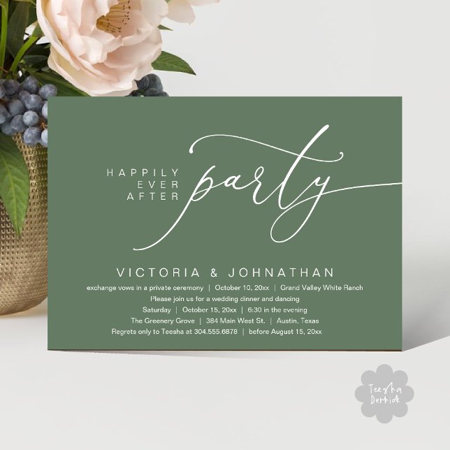 Glücklicherweise immer nach dem Party, romantische Einladung (Happily Ever After Party, Romantic Wedding Dinner Invitation Card PDF aesthetic Rustic Sage Green)