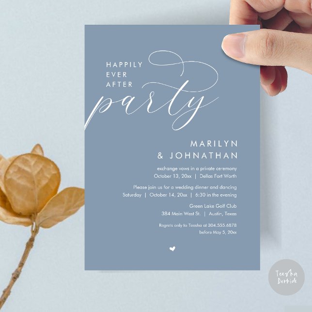 Glücklicherweise immer nach dem Party, romantische Einladung (Happily Ever After Party, Modern Romantic Wedding Dinner Invitation Card, PDF, in Dusty Blue)