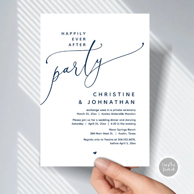 Glücklicherweise immer nach dem Party, romantische Einladung (Romantic Happily Ever After Party, Modern Wedding Dinner Invitation Card, PDF, Classy Navy Blue)