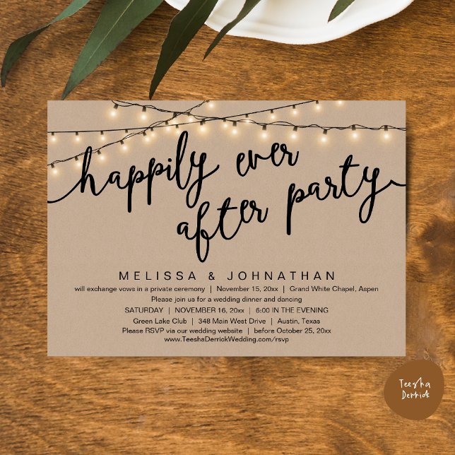 Glücklicherweise immer nach dem Party, rustikales  Einladung (Happily Ever After Party, Rustic Wedding Dinner Invitation Card, PDF, Cottage Brown Kraft Graphic)