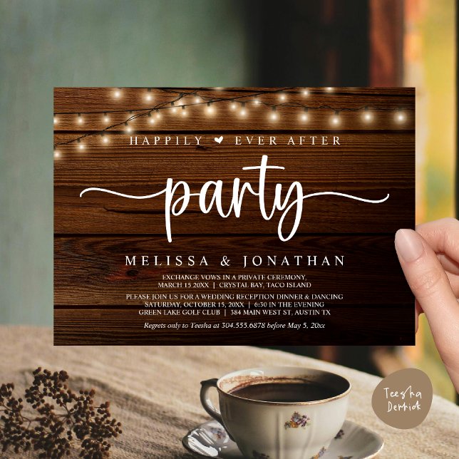Glücklicherweise immer nach dem Party, String Ligh Einladung (Happily Ever After Party, Cottage String Lights Elopement Invitation Card, PDF, Brown Wood)